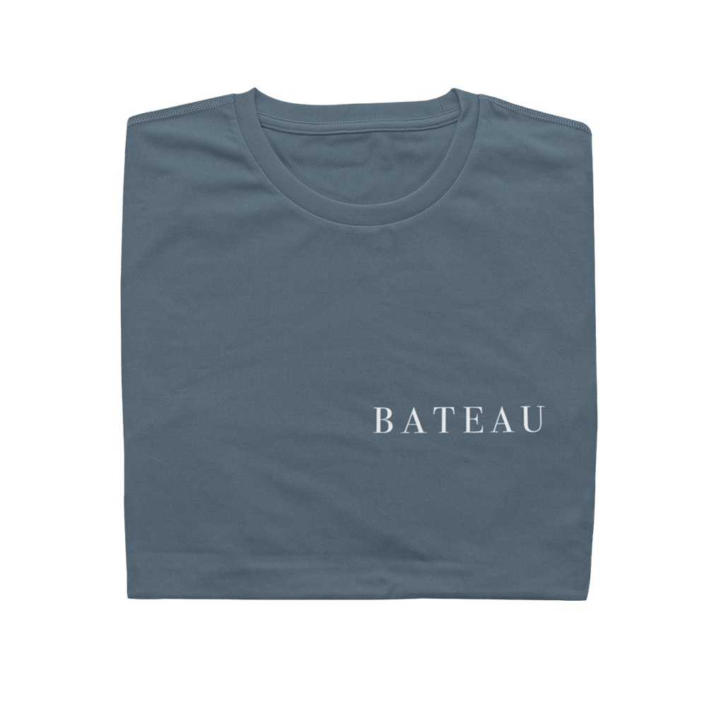 Folded navy Bateau restaurant t-shirt