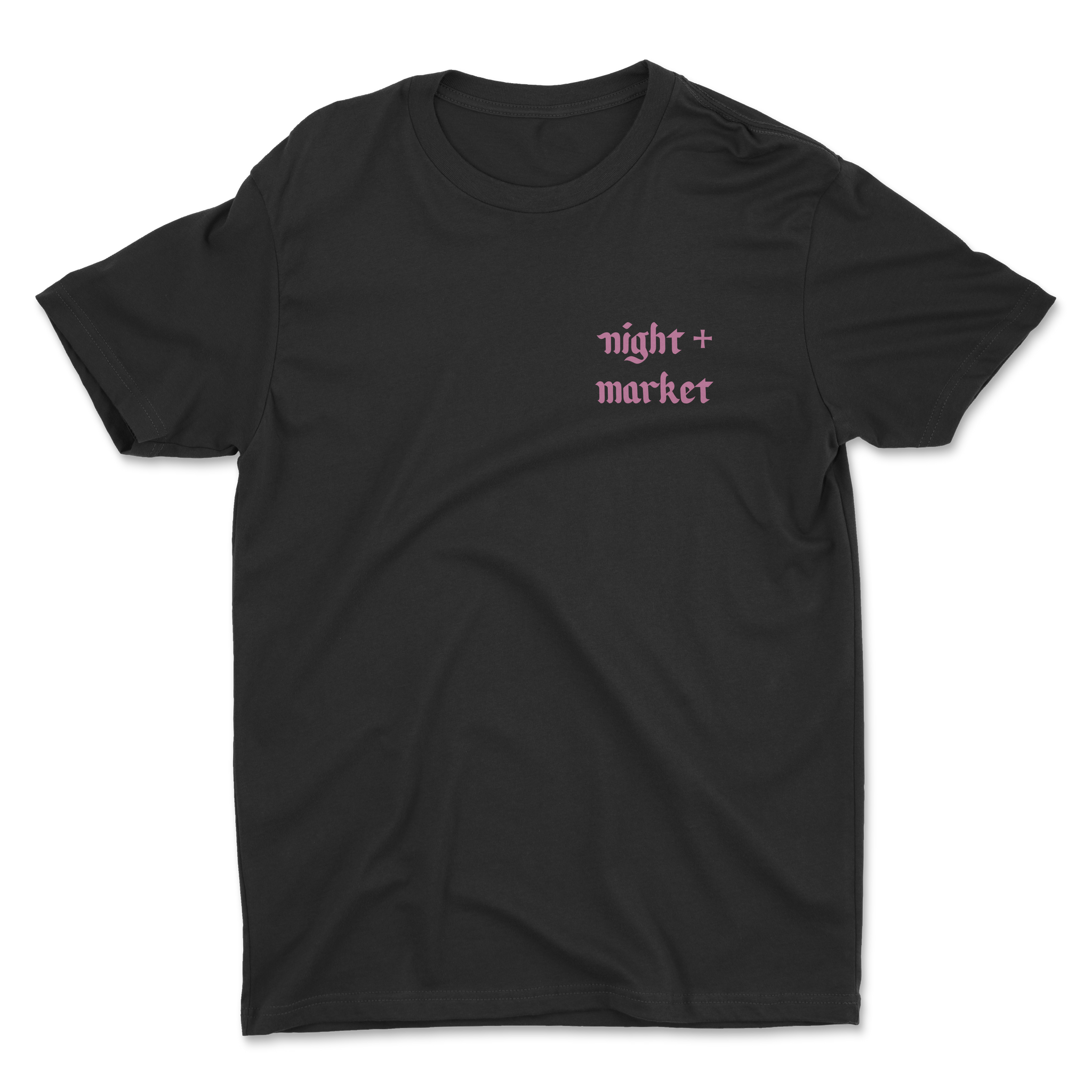 Front view of black Night Market restaurant t-shirt