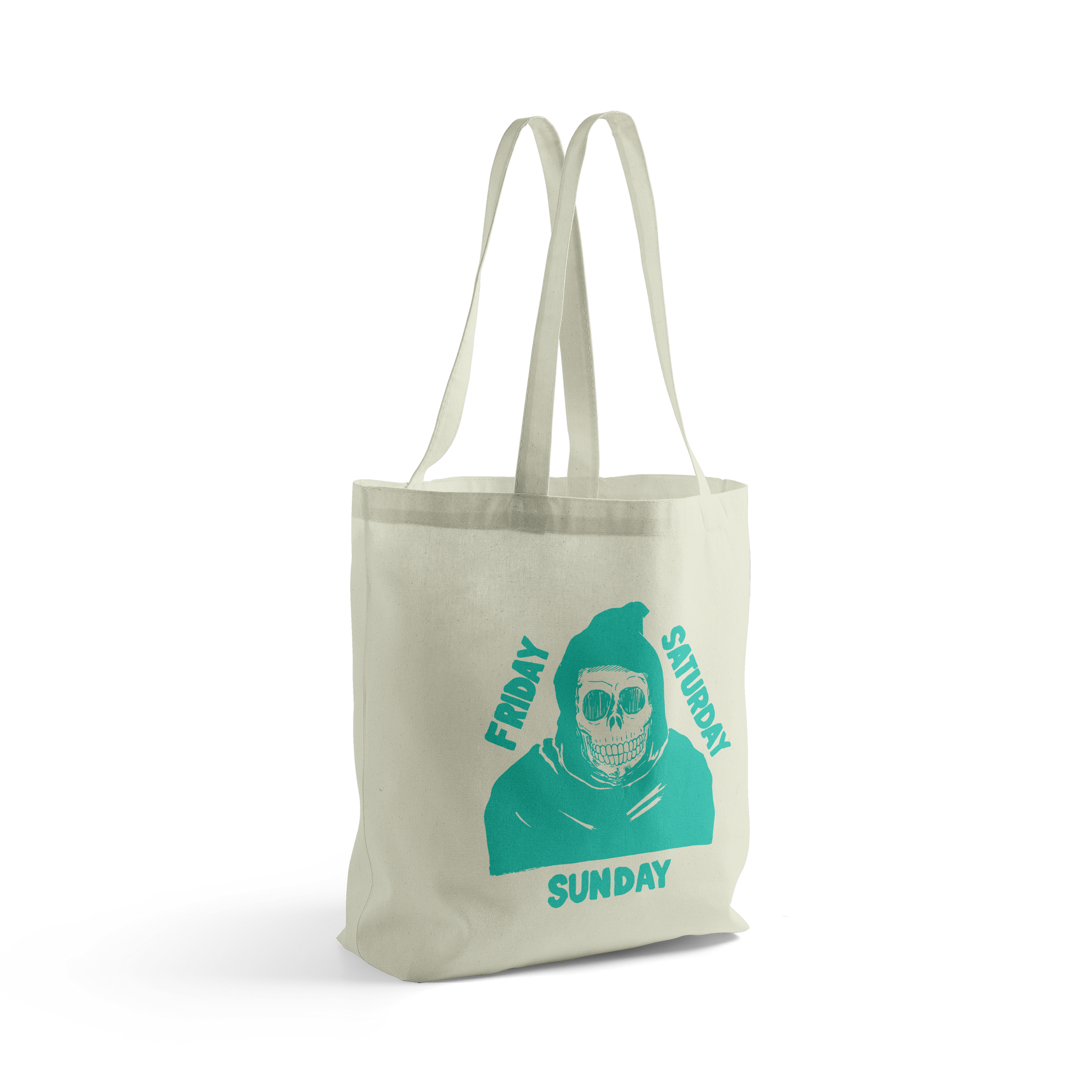 Tan tote bag with Friday Saturday Sunday restaurant logo and grim reaper design