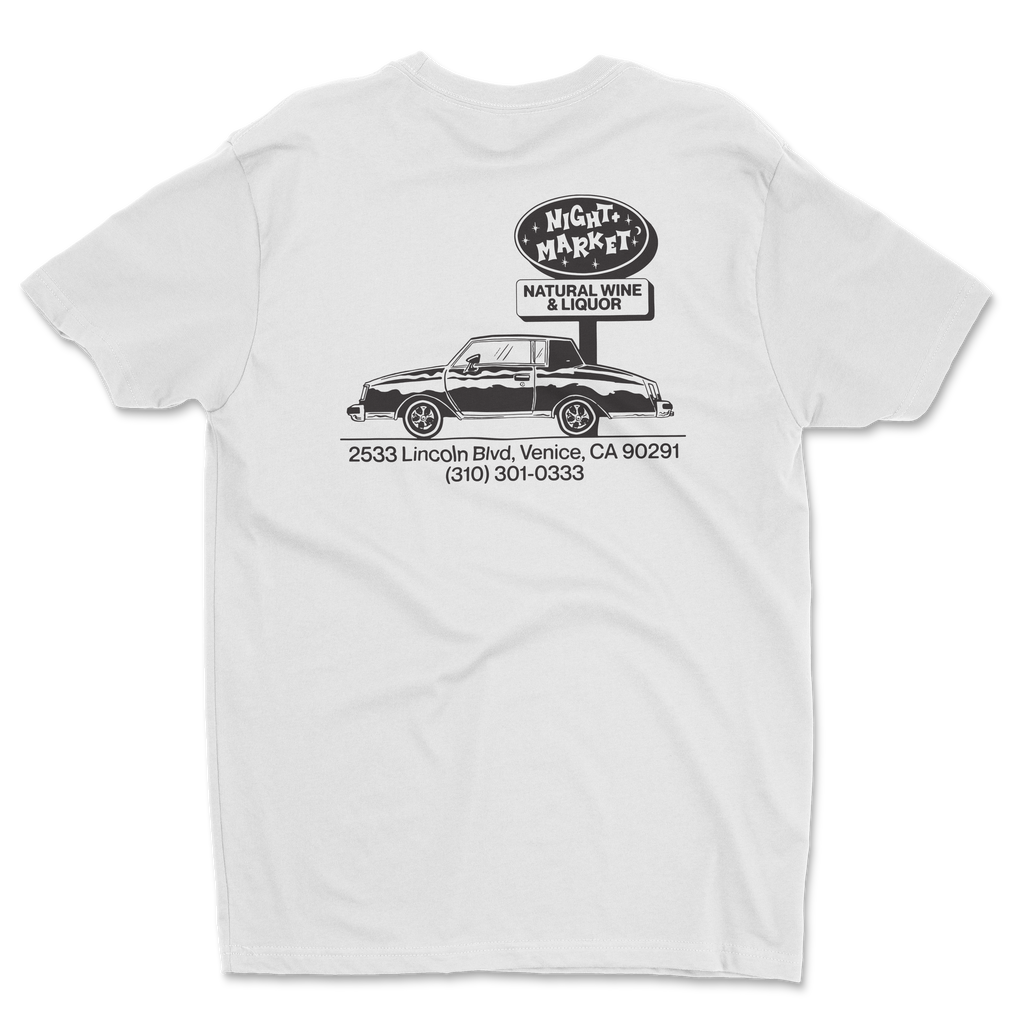 White t-shirt with Night Market restaurant logo and car design on the back