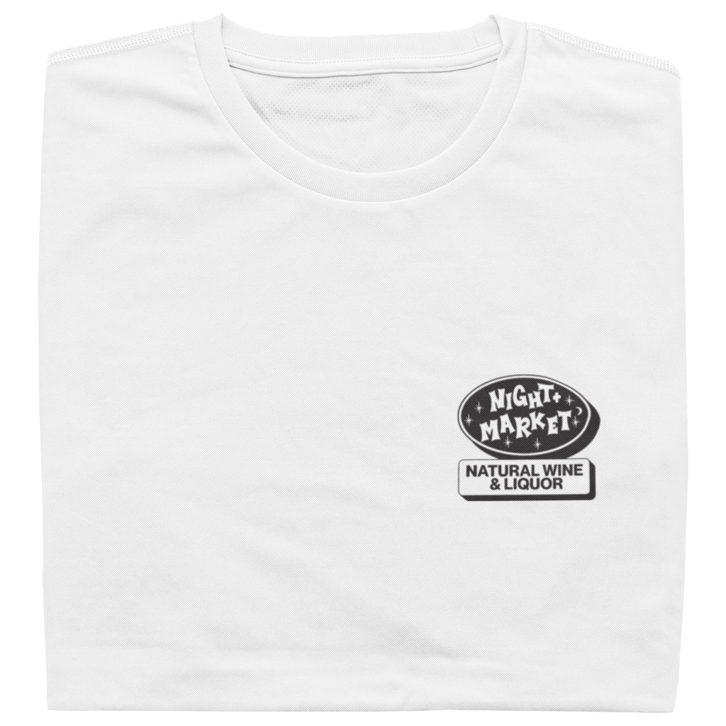 Folded white t-shirt with Night Market restaurant logo on the front