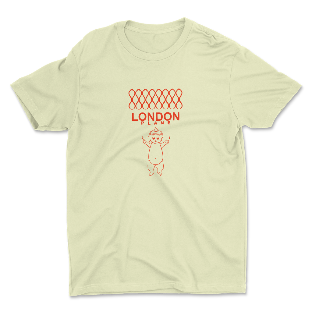 Front view of yellow London Plane restaurant t-shirt with cherub design