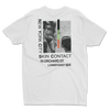 White t-shirt with Skin Contact Wine Bar logo and graphic design on the back